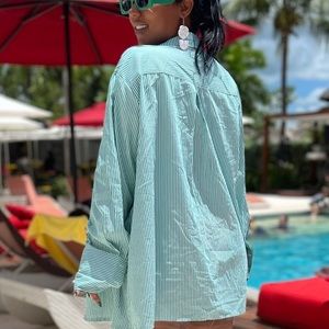 Green and white strip oversized button up shirt